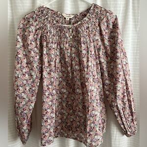Lucky Brand Lavender Pink Floral Smocked Neck Long Sleeve Cotton Top XS NWT